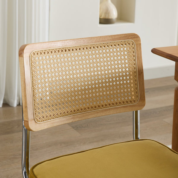 English Elm Mid Velvet Mid Century Dining Chair with Rattan Back, Solid Wood Frame, Plush Velvet, 360lb Capacity Gold W1143P168323