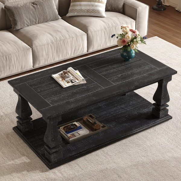 English Elm Farmhouse Coffee Table Solid Planked Wood with Open Shelf Square Baluster Living Room Antique Black W1445P362860