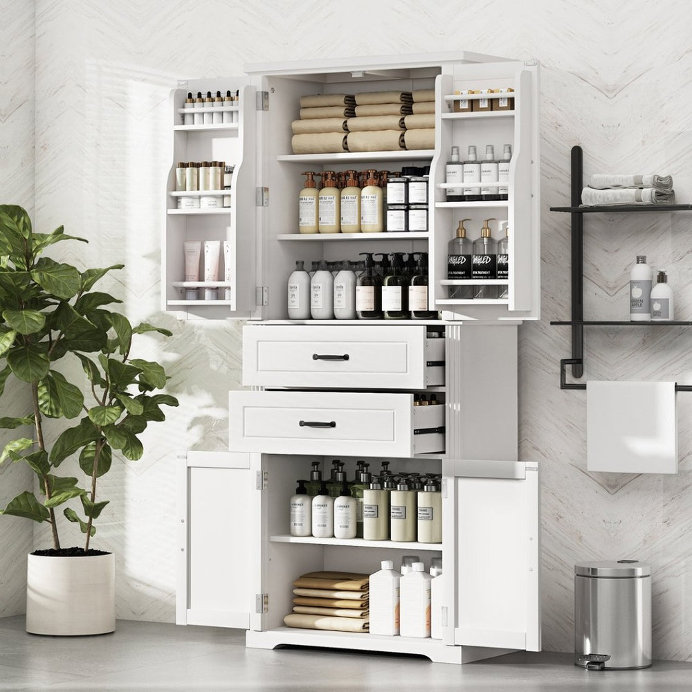 English Elm [video] Floor to Ceiling Matte Storage Cabinet with Drawers Shelves and Adjustable Interior White N759P407762K