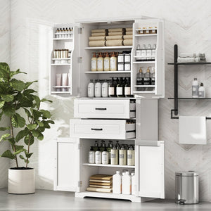 English Elm [video] Floor to Ceiling Matte Storage Cabinet with Drawers Shelves and Adjustable Interior White N759P407762K