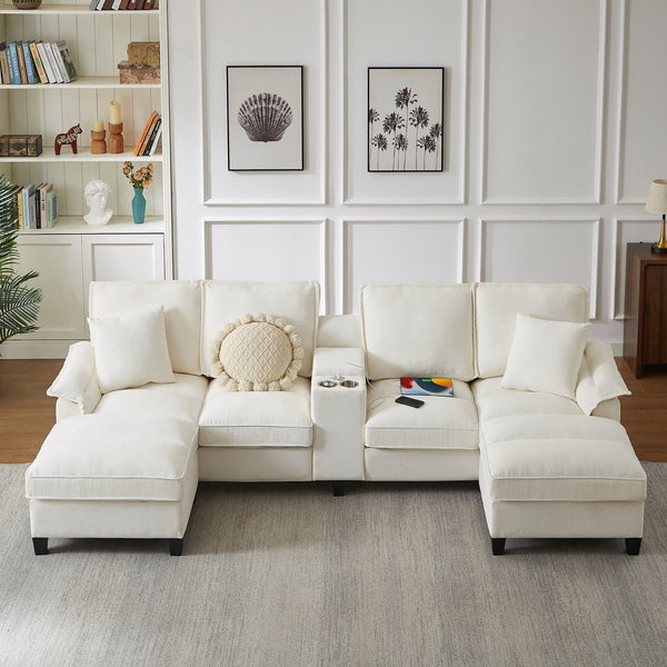 English Elm 120" Modular Corduroy Sectional Sofa Bed with Storage, U-Shaped 4-Seater, Cup Holders & Console Beige W1359S00010