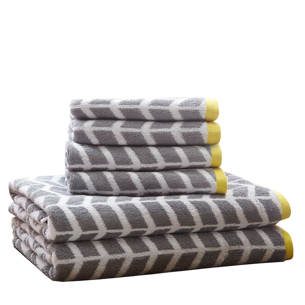 JLA Home Intelligent Design - Cotton 6-Piece Jacquard Towel Set — OEKO-TEX Soft Reversible Grey Geometric Towels, Highly Absorbent and Durable ID91-525