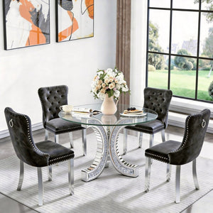 English Elm Dining Table Round Tempered Glass Top Mirrored Crushed Diamond Pedestal Glam Luxury W3836S00002