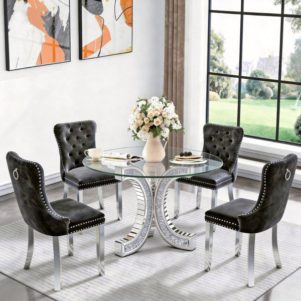 English Elm Dining Table Round Tempered Glass Top Mirrored Crushed Diamond Pedestal Glam Luxury W3836S00002