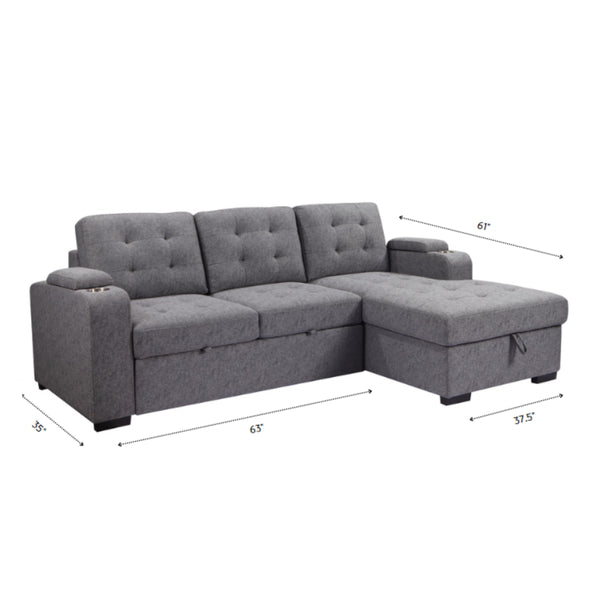 English Elm Living L-Shaped Sleeper Sofa Lounger with Storage Chaise, Convertible Sectional Bed, Durable Frame Grey 59 L x 35 W x 17 H B2741S00007