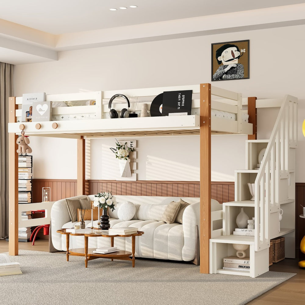 English Elm Twin Pine Wood Loft Bed with Built-in Shelving and Hook for Kids Bedroom W5305S00010