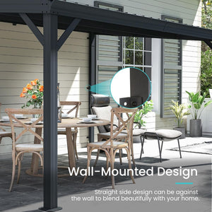English Elm 10x14ft Lean to Hardtop Gazebo Wall Mounted Steel Roof Shelter for Deck Porch Gray W1859S00195