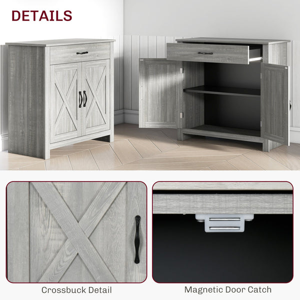 English Elm HOMCOM Rustic Farmhouse Sideboard Buffet Cabinet with Barn Doors, Drawer & Adjustable Shelves for Entryway Stone Gray W2225P229123