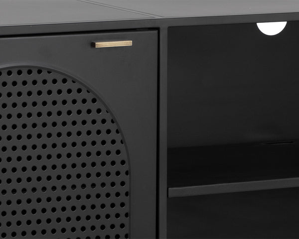 Sunpan Aziza Industrial Media Console with Brass Handles, Arched Perforated Design & Cord Management