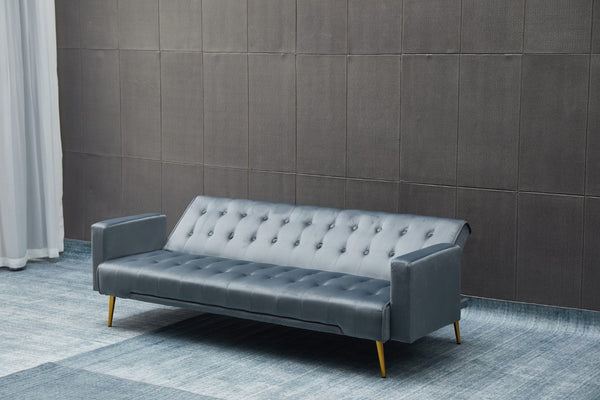 English Elm Sofa Bed Velvet Upholstered Convertible with Gold Metal Legs for Studio Spaces Dark Gray B205P246433