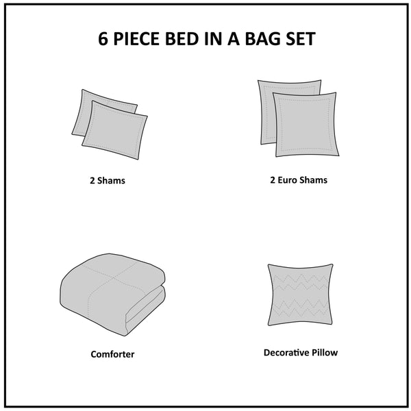 English Elm 6 Piece Madison Park Malia Embroidered Cotton Reversible Comforter Set Ivory/Grey Full/Queen — Shabby Chic Elegance, Machine Washable B035128872