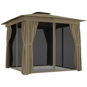 English Elm Canopy Outdoor Gazebo Steel Frame Double Tier Polyester Roof with Mesh Curtain Panels Dark Gray,Khaki+Black T3971P459114