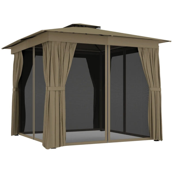 English Elm Canopy Outdoor Gazebo Steel Frame Double Tier Polyester Roof with Mesh Curtain Panels Dark Gray,Khaki+Black T3971P459114