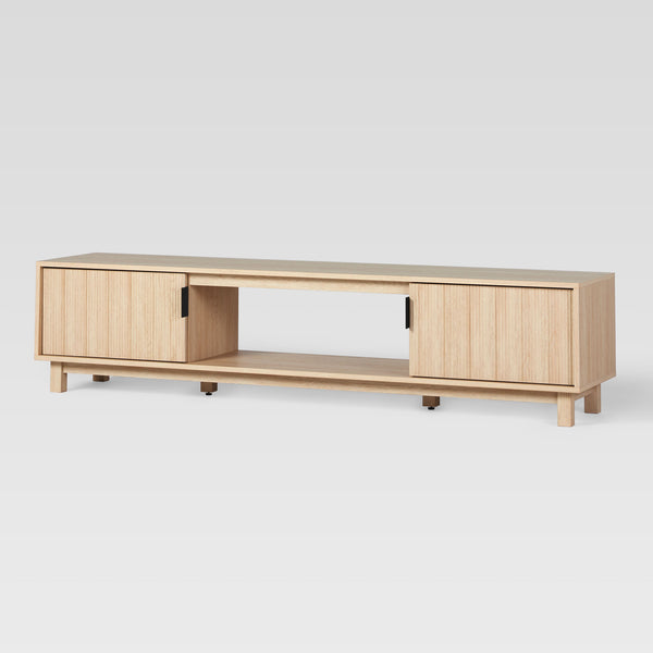 Arundo Mid-century Modern 70" TV Stand with Fluted Doors, Open Storage & Coastal Oak Finish