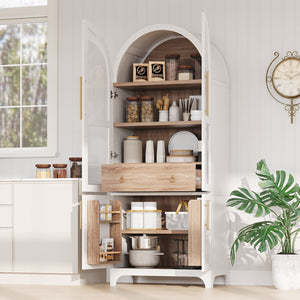 English Elm K&K Arched 71" Kitchen Pantry Cabinet with Glass Doors, Brass Handles, Adjustable Shelves & Drawer White N707P288969W