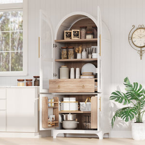 English Elm K&k Arched Farmhouse Pantry Cabinet Glass Doors Hidden Drawer Two Tone Kitchen Storage White N707S288969W