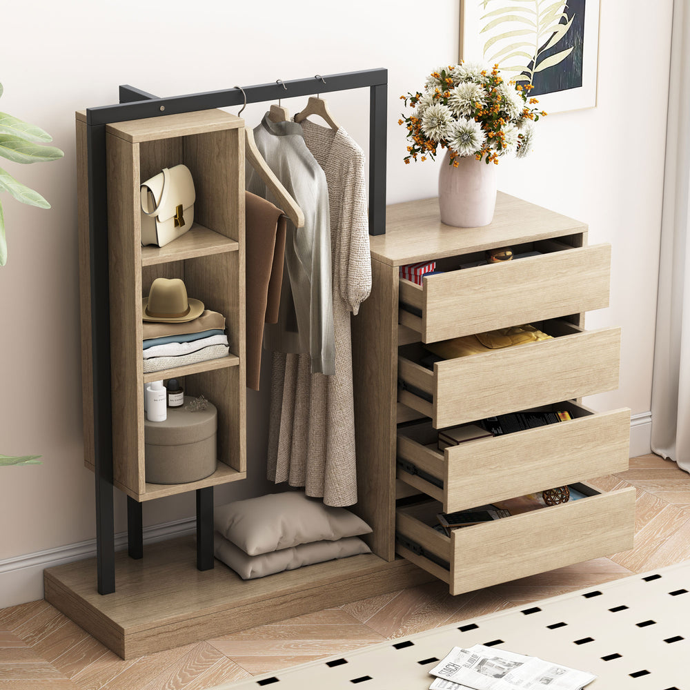 English Elm Wardrobe with 4 Drawers 3 Shelves – Spacious Natural/Wood/White Storage Cabinet, Durable MDF, Easy Assembly, Sleek Design, 55.3" L x 50.4" H N820P196888N