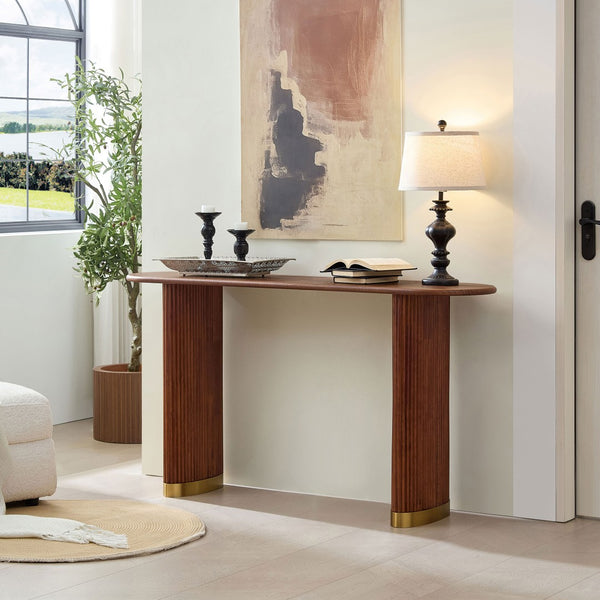 English Elm Length 59 Inch Mdf Wood Veneer Console Table Brushed Gold Steel Base Modern Entryway Brown W2582P406098
