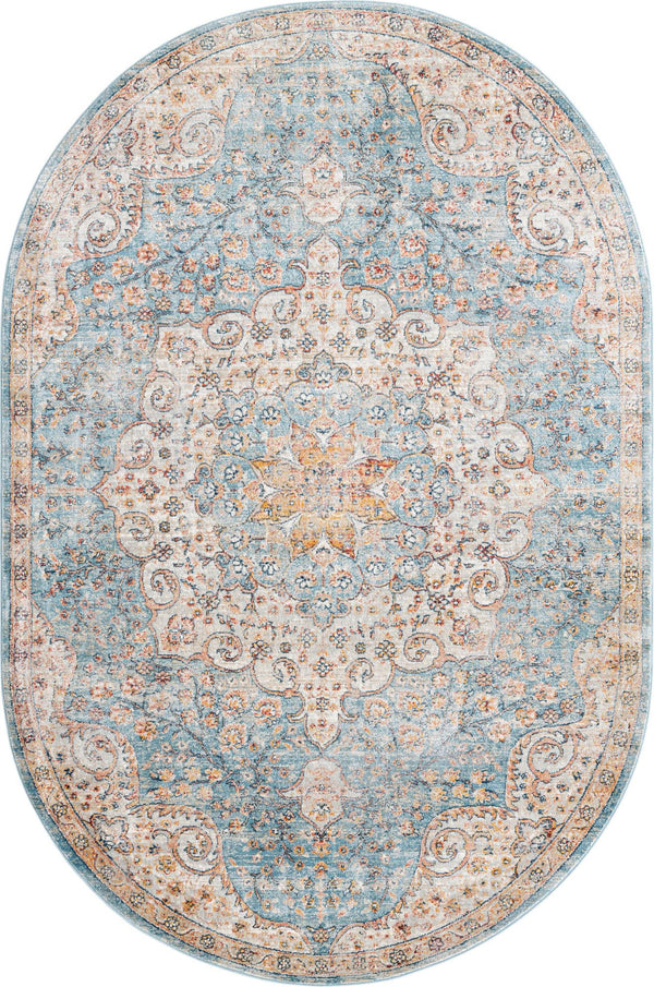 Unique Loom Newport Elms Machine Made Medallion Rug Blue, Ivory/Light Blue/Rust Red/Terracotta/Yellow/Pink 5' 3" x 8' 0"