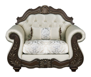 English Elm Pierce Beige Button-Tufted Accent Chair with Floral Trim & Pillow, 25" Seat, Pocket Coil Comfort B2726S00274