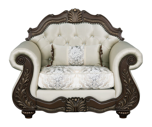 English Elm Pierce Beige Button-Tufted Accent Chair with Floral Trim & Pillow, 25" Seat, Pocket Coil Comfort B2726S00274