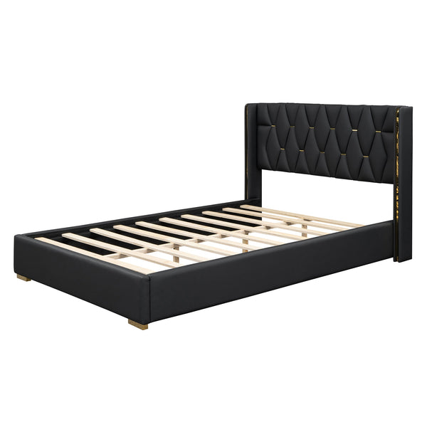 English Elm Full Upholstered Platform Bed with PU Headboard and Metal Accent Strips, Sturdy Slats, Black 440lb Capacity SF000148AAB