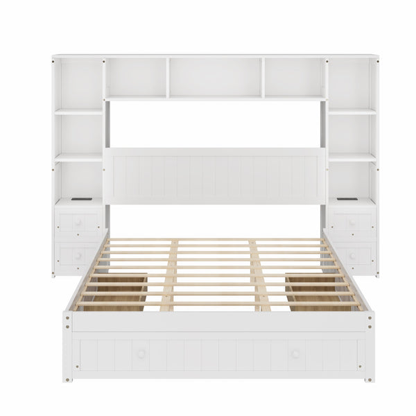 English Elm Queen Pine Wood Platform Bed with Built-In Nightstands, 2 Charging Stations, 3 Drawers & Storage BS701P286275K