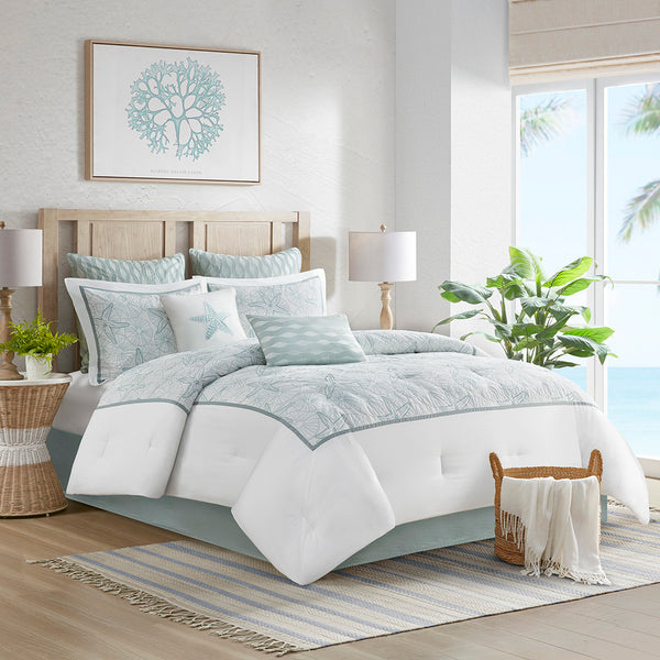 JLA Home Harbor House Blue - Comforter Harbor House Maya Bay in Dark Seafoam Blue with Embroidered Seashells, OEKO-TEX Softness 96 L x 92 W x 1.5H HH10-1223