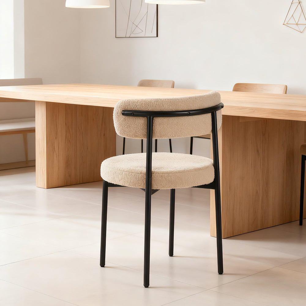 English Elm Medieval tufted dining chair set of 4, beige boucle seats, ergonomic curved back, black metal legs W3851P369044