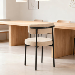 English Elm Medieval tufted dining chair set of 4, beige boucle seats, ergonomic curved back, black metal legs W3851P369044