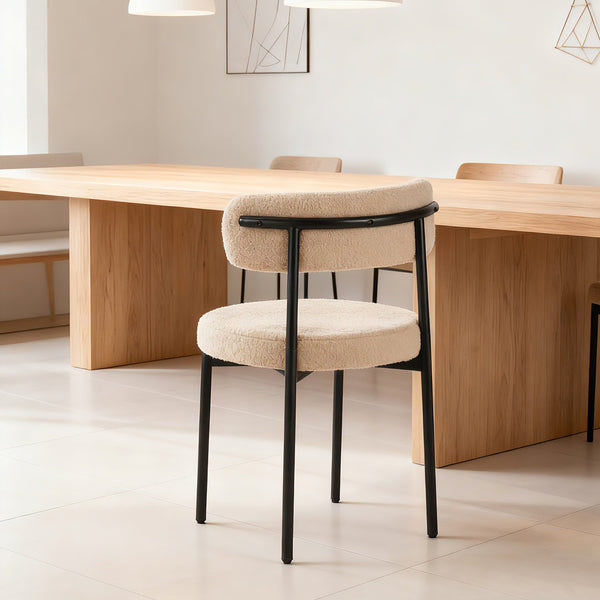 English Elm Medieval tufted dining chair set of 4, beige boucle seats, ergonomic curved back, black metal legs W3851P369044