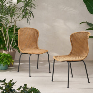 English Elm Boho Faux Rattan Outdoor Dining Chairs Wicker Weave Scroll Back Patio Set of 2 66899.00LBRN