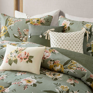 English Elm 7-piece Queen Vintage Floral Comforter Set Cotton Blend Slub Weave Reversible Stripe Green B035P440212