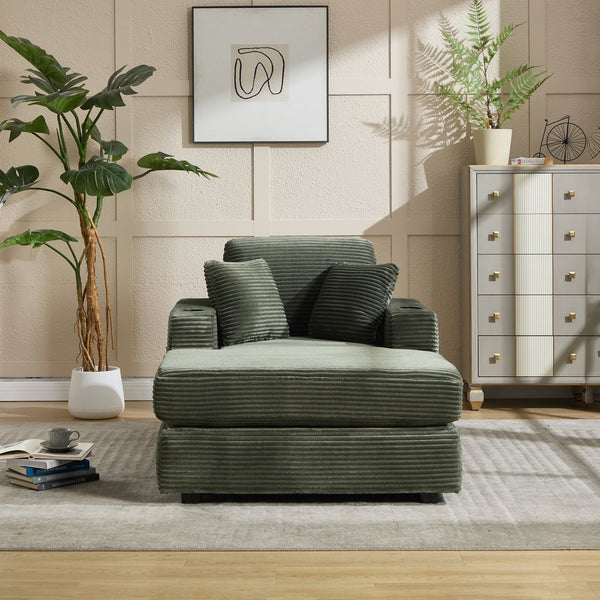 English Elm [New]Corduroy Upholstered Chaise Lounge Sofa with Detachable Cushions, Deep Seat, Cup Holders Green W2120P322754