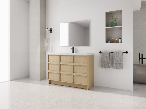 English Elm 48" Floating Bathroom Vanity Dual Ceramic Vessel Sinks Oak Finish Soft Close Doors W999S00511