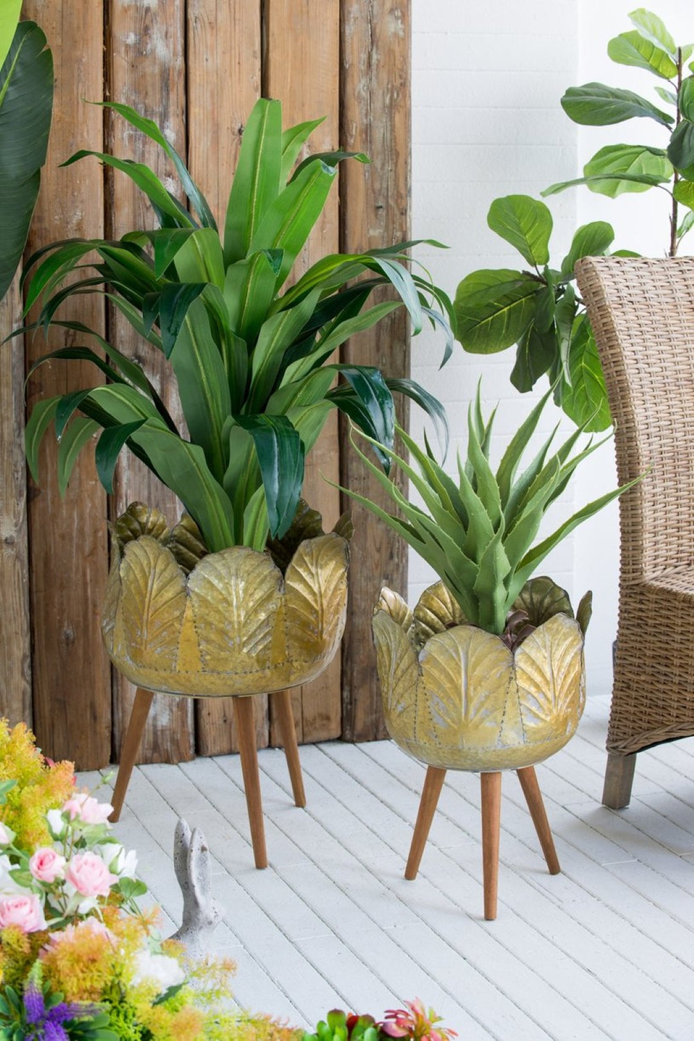 English Elm Set of 2 Distressed Zinc Planters with Tapered Fir Legs Vintage Industrial Style W2078P498308