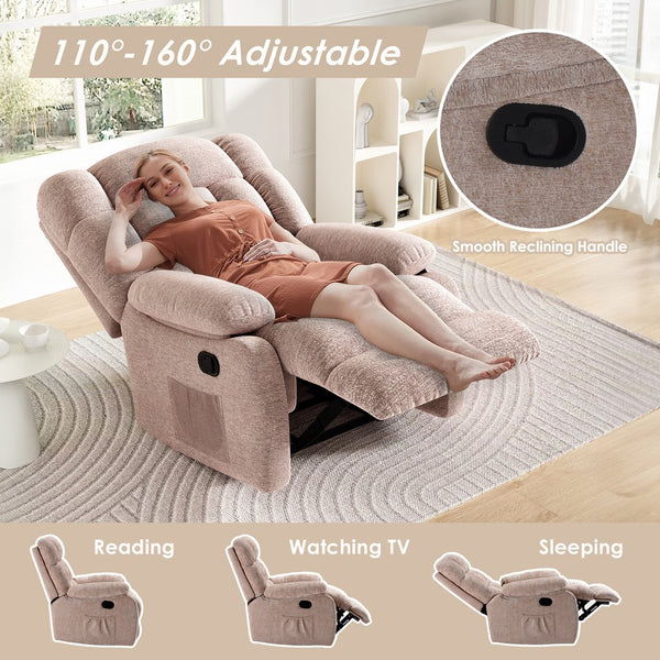 English Elm Recliner Upholstered PU Leather Rocker with Side Pocket, Ergonomic 110°–160° Adjustable Reclining Seat with Footrest, Sturdy Metal Frame for Living Room Comfort Beige T3623P380405