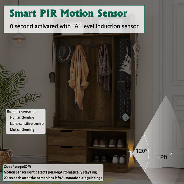 English Elm Hall Tree Entryway Organizer with 6 Hooks, Storage Bench & Open Shelves for Shoes and Coats Brown 58.46 L x 21.85 W x 6.5 H W1321P190219