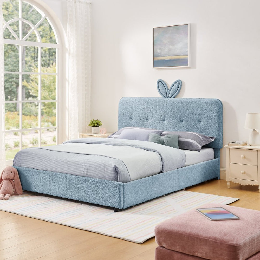 English Elm Queen Boucle Upholstered Kids Bed with Rabbit Ear Headboard Led Lighting Storage Drawers Navy W1413P384928