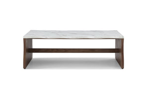 English Elm 47.24" Whisper Of Waves Modern Coffee Table – Elegant White Faux Marble & Walnut Base For Any Space W2664P346445