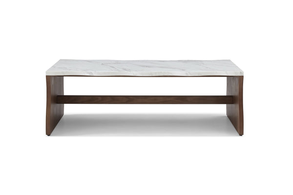 English Elm 47.24" Whisper Of Waves Modern Coffee Table – Elegant White Faux Marble & Walnut Base For Any Space W2664P346445