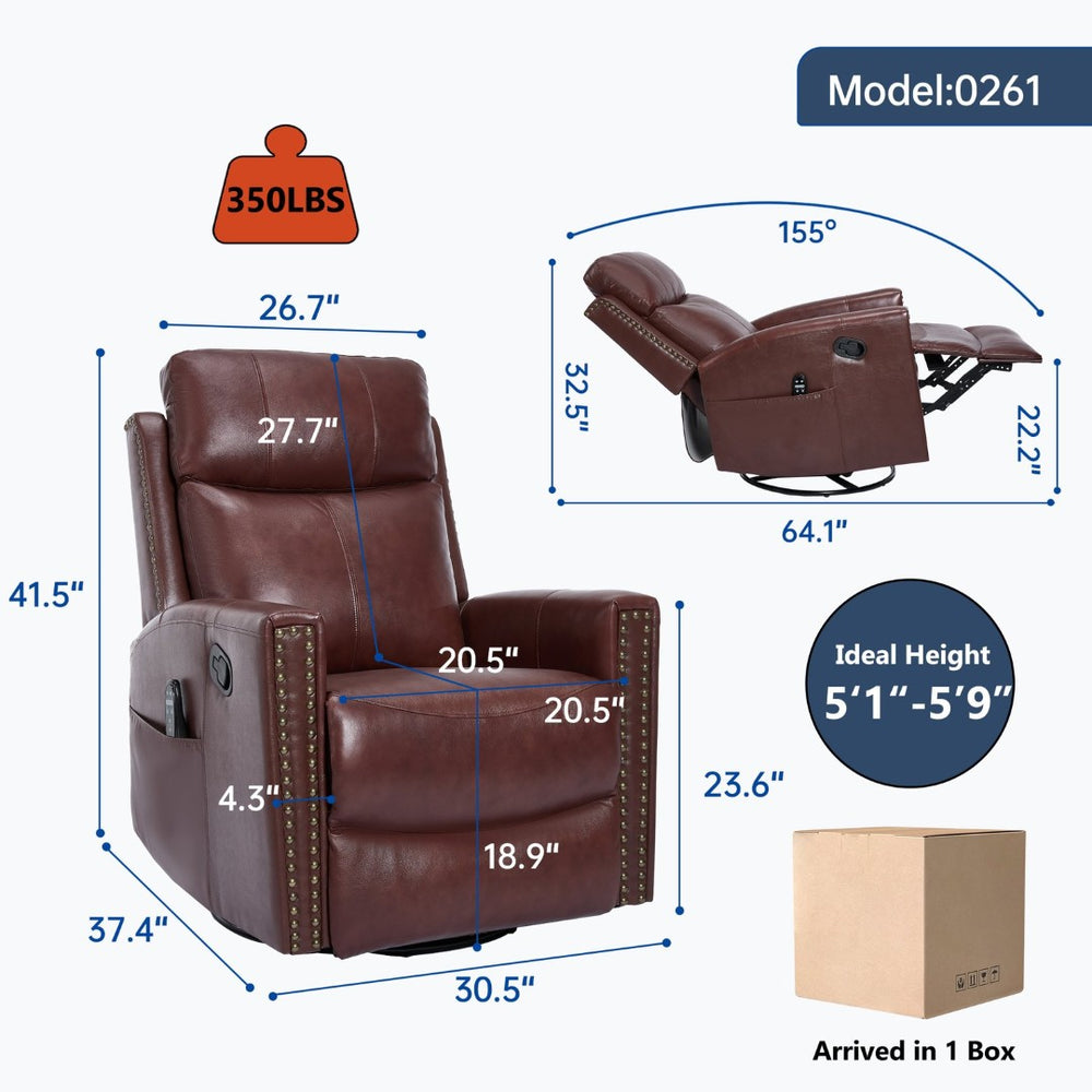 English Elm Wine Red Genuine Leather Swivel Rocker Recliner with Massage Heat for Living Room W1803P323712