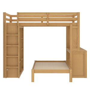 English Elm Full Solid Wood Loft Bed with Removable Lower Bed, Built-In Desk, Shelves & Wardrobe for Space-Saving Designs Natural W1580S00213