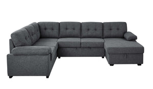 English Elm Linen Blend U-shape Sectional Sleeper with Tufted Back and Hidden Storage Chaise B2748S00024
