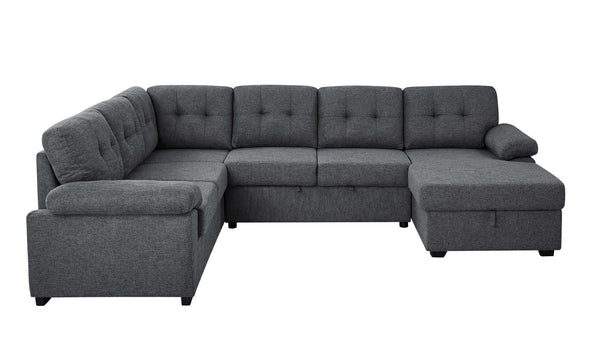 English Elm Linen Blend U-shape Sectional Sleeper with Tufted Back and Hidden Storage Chaise B2748S00024