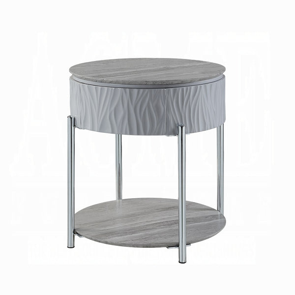 English Elm Grey High Gloss End Table With Chrome Legs And Drawer – Modern Accent For Stylish Living Spaces B062P209132