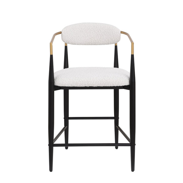 English Elm Counter Stools Set of Two Upholstered Matte Black Iron Frames with Gold Trim Modern N771P392273B