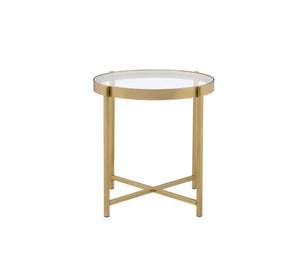 English Elm Charrot Round Tempered Glass End Table with Gold Metal Crossbar Base for Living Room B2726P426722