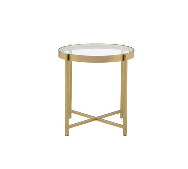 English Elm Charrot Round Tempered Glass End Table with Gold Metal Crossbar Base for Living Room B2726P426722