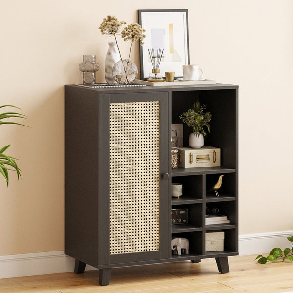 English Elm Rattan Cane Front Sideboard with Drawers Adjustable Shelf Bohemian Storage Cabinet Black T3623P434767